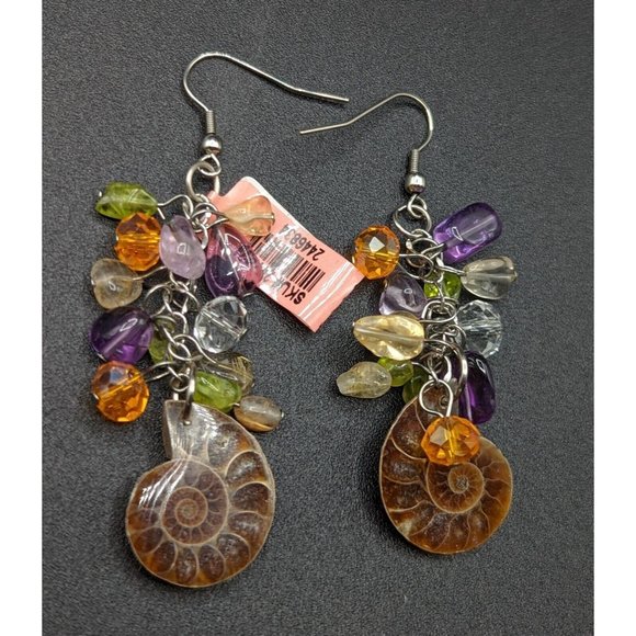 Ammonite Fossil Glass Gemstone Peridot Amethyst Bead Multicolor Cha Cha Earrings - Picture 2 of 7